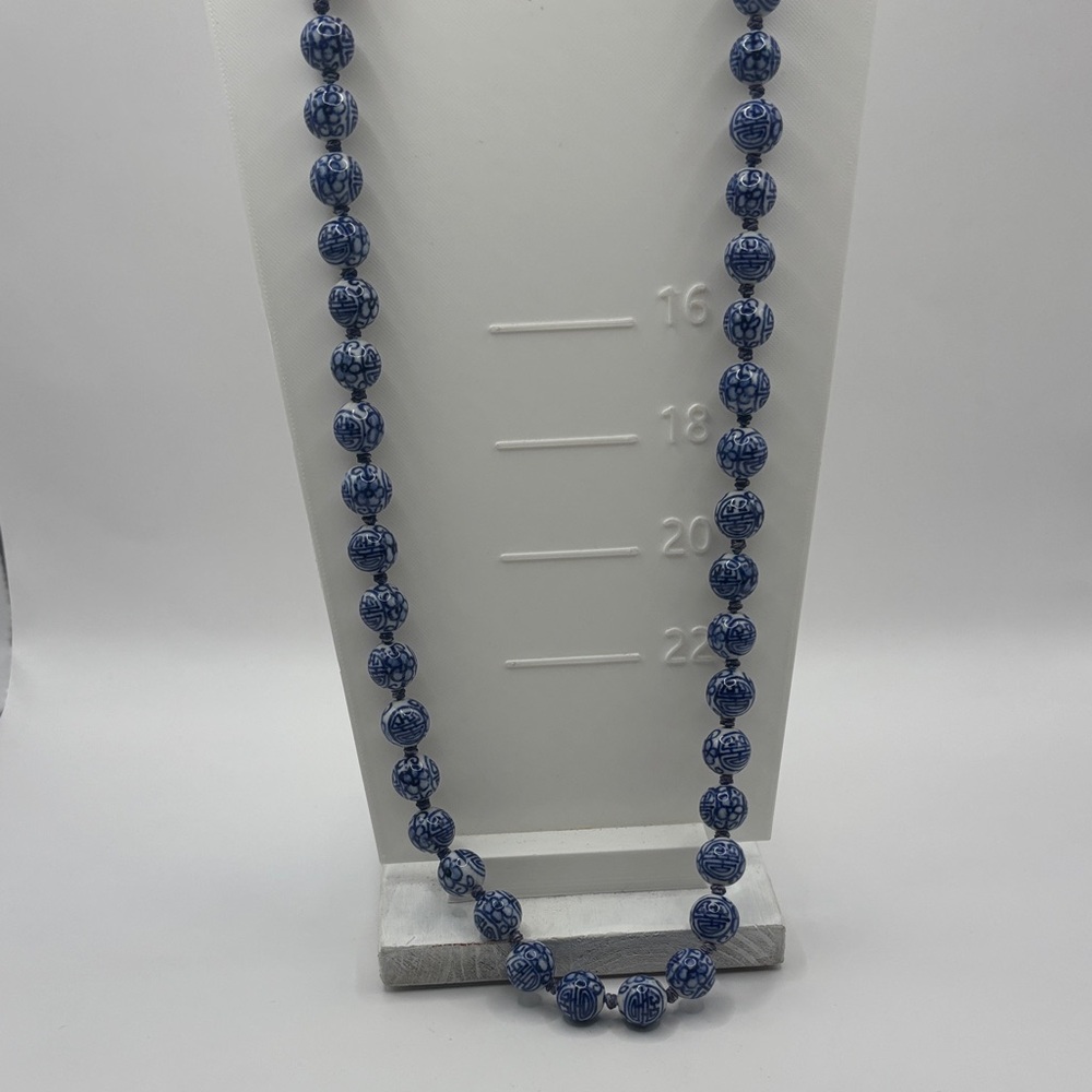 Vintage Blue & White Porcelain Bead Necklace Gold Clasp – 24” A1107